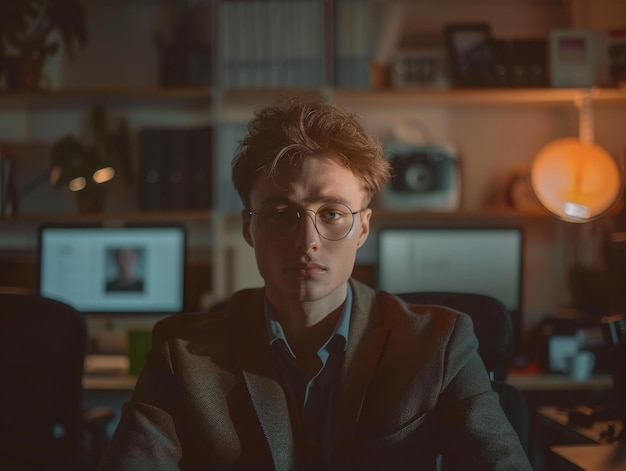 Emotional portrait of a young entrepreneur in an office environment AI generative