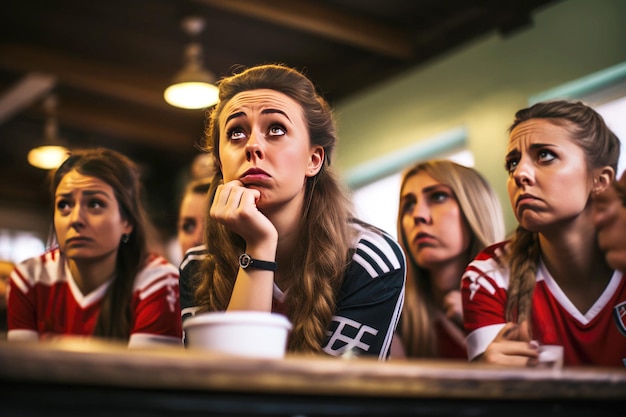 Emotional soccer gathering young women in pub