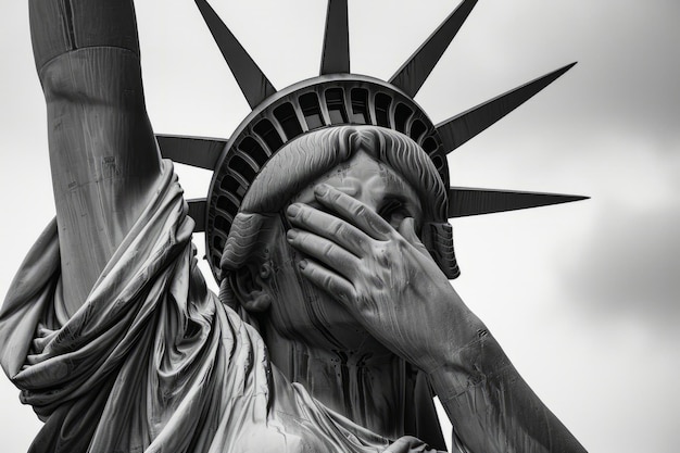 Emotional statue of liberty with her head in hands american state of grief and depression