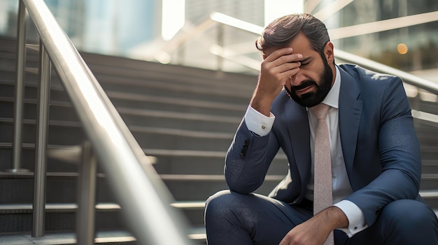 emotional turmoil of an upset Arab businessman seated on city stairs holding his head amidst a business setback