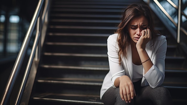 emotional turmoil of an upset young businesswoman sitting on the stairs reflecting the concept of job loss and disappointment