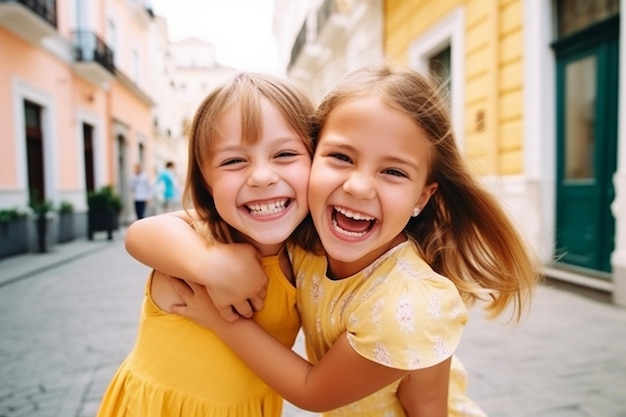 Emotional two adorable girls are hugging and smiling while spending time