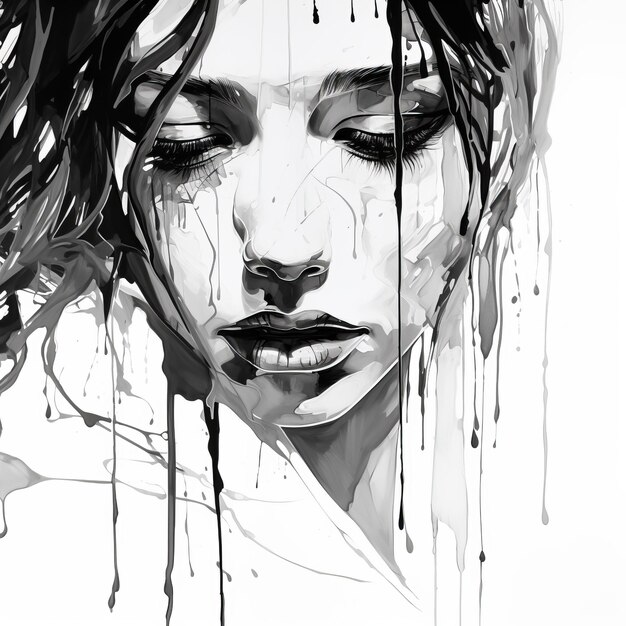 Photo emotional watercolor serene faces in black and white dripping paint