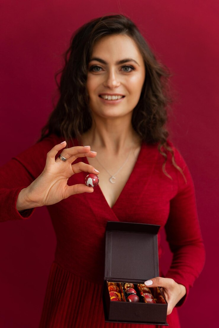 Emotional woman in red dress holding present box with stripe and showing bonbon