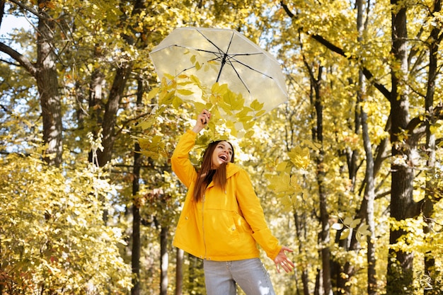 写真 紅葉を背景に傘と黄色の葉を持つ感情的な女性