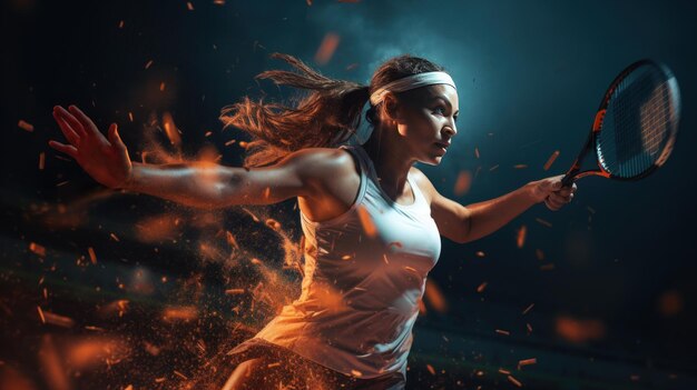 Photo emotional young woman professional tennis plater expressing emotions of win achievement over dark background