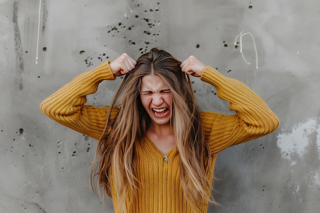 Foto una donna emotivamente arrabbiata in abiti casuali urla e si tira i capelli fuori davanti a un muro grigio