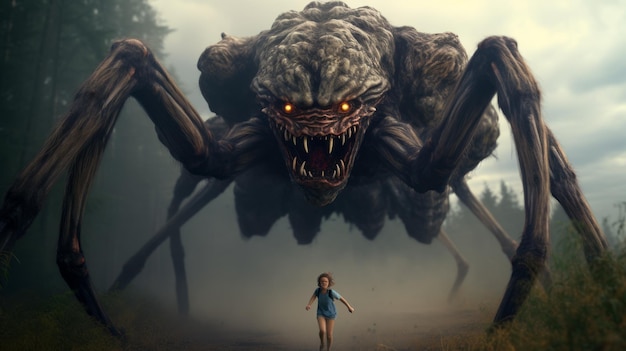 Photo emotionally charged encounter woman confronts giant spider in terrifying 8k daz3d scene