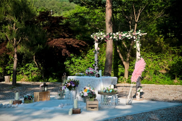 An emotionally decorated podium where the groom and the bride stand and promise to marry