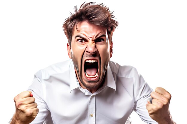 Emotionally excited male sports fan of the championship in a club uniform white background isolate