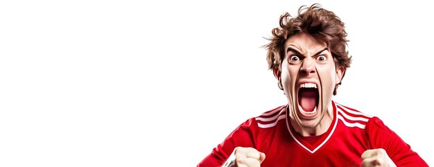 Emotionally excited male sports fan of the championship in a club uniform white background isolate