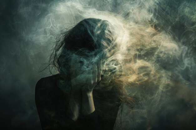 Emotioneel beeld van een in rook verzonken vrouw die haar strijd met geestelijke gezondheid vertegenwoordigt