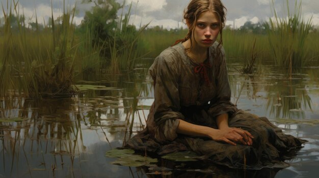 Emotioneel boerenmeisje Een folkloristisch realisme olieverf schilderij in een moeras