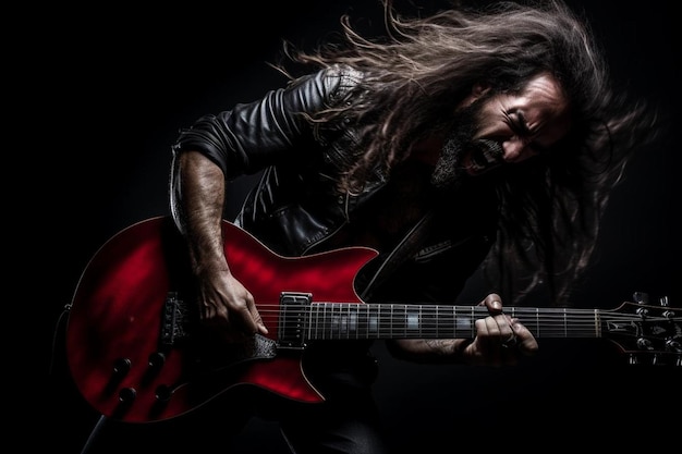 Emotioneel portret van een rockgitarist met lang haar en baard speelt op de zwarte achtergrond