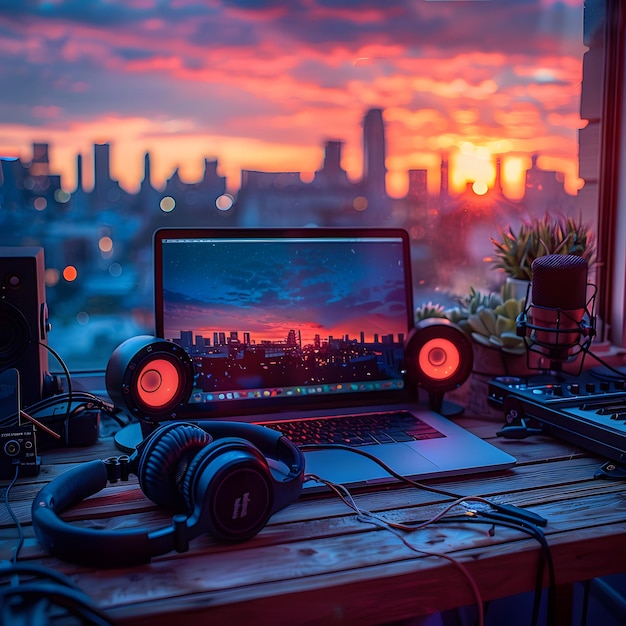 Foto emotionele echo's podcasting onder de zonsondergang