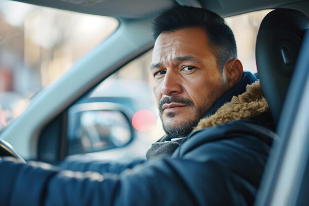 Emotionele Latijnse man die een auto rijdt had een ongeluk. Droevige chauffeur die vastzit in het verkeer.