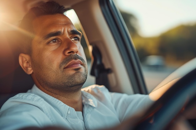 Emotionele Latijnse man die een auto rijdt had een ongeluk. Droevige chauffeur die vastzit in het verkeer.