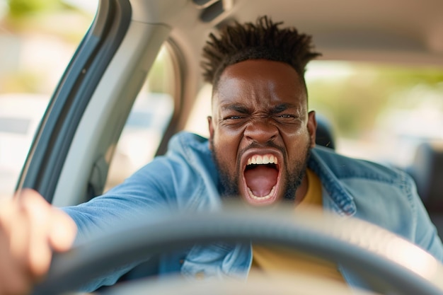 Emotionele man die extreem woedend is terwijl hij in de buurt van een gekke gevaarlijke bestuurder rijdt.