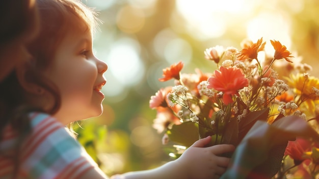 Emotions of a happy child with a bouquet in his hands on a blurred background