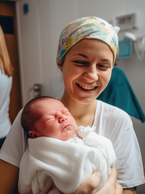 Emotions happy midwife with a newborn baby in her arms AI generated