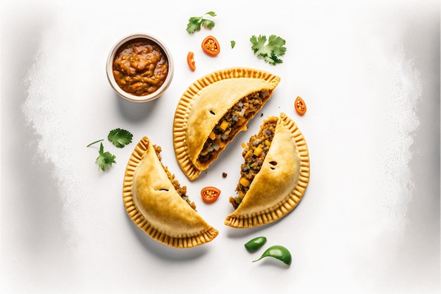 Empanadas food photography on a white background.