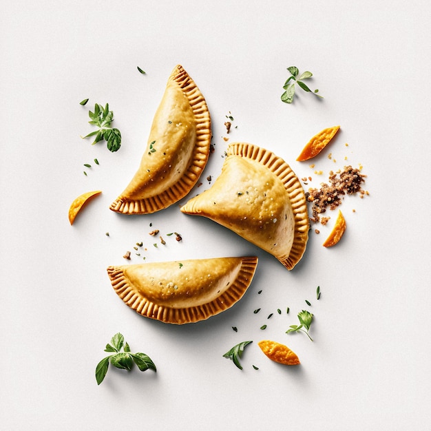 Empanadas food photography on a white background.