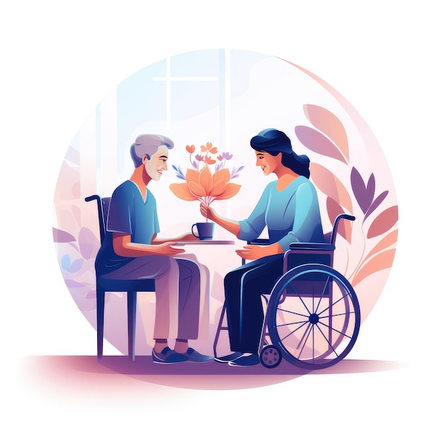 Эмпатическая помощь 2D векторные иллюстрации, изображающие опекунов, предлагающих комфорт пациентам с деменцией