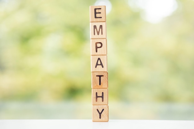 Empathy word is written on wooden cubes on a green summer background Closeup of wooden elements