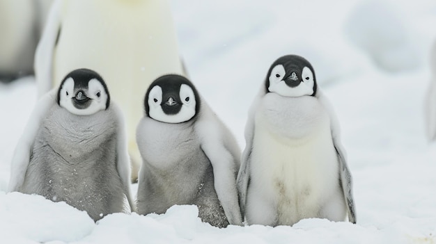 Photo emperor penguin chicks sitting in snow generative ai