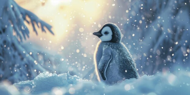 Photo an emperor penguin stands in the middle of a snowstorm on a glacier and admires the sea huge high glaciers in winter natural conditions