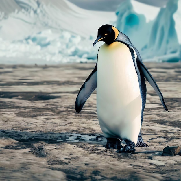 Императорский пингвин идет по негостеприимной местности, находящееся под угрозой исчезновения животное