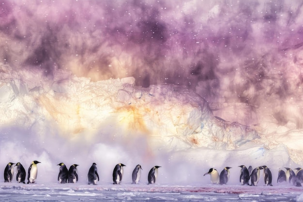 皇帝ペンギンは南極の夕暮れで暖かさを求めて集まります