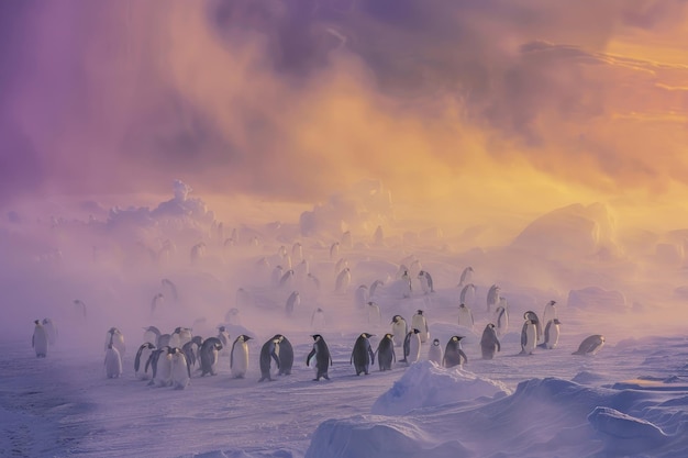 Emperor penguins huddle for warmth in the Antarctic twilight