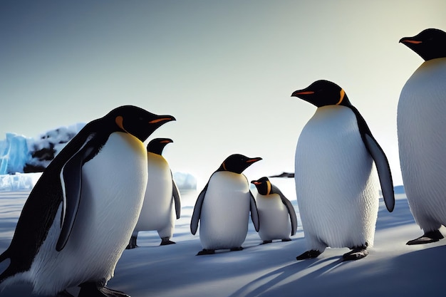 Emperor penguins on the ice in the Antarctic. Cold Antarctic and ice blocks.