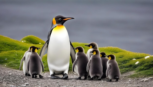 Photo emperor penguins on a rocky shore