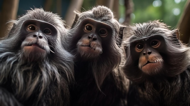 Photo emperor tamarin three monkeys taking a selfie generative ai