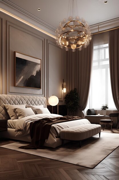 Фото Интерьер спальни в имперском стиле с современной кроватью в роскошном доме