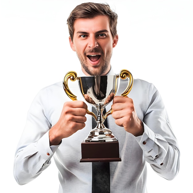 Employee Appreciation Day background proud employee showing his award trophy