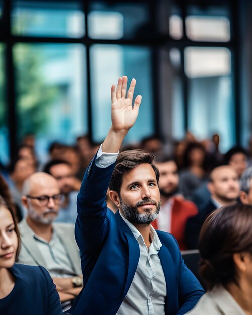 Photo employee or businessman raising his hand at a seminar or business meeting man asking for the floor at a conference as an audience member generative ai