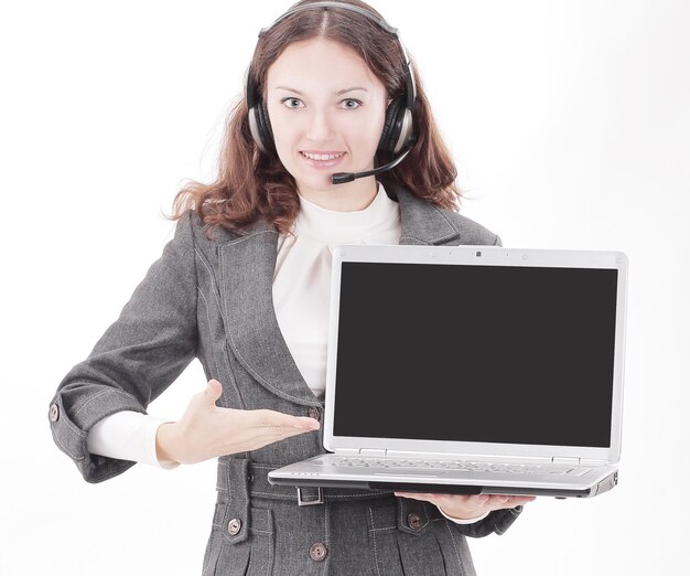 Employee of the call center showing open laptop