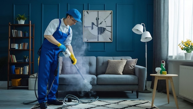 An employee of a cleaning company provides a chemical and steam cleaning service for the sofa