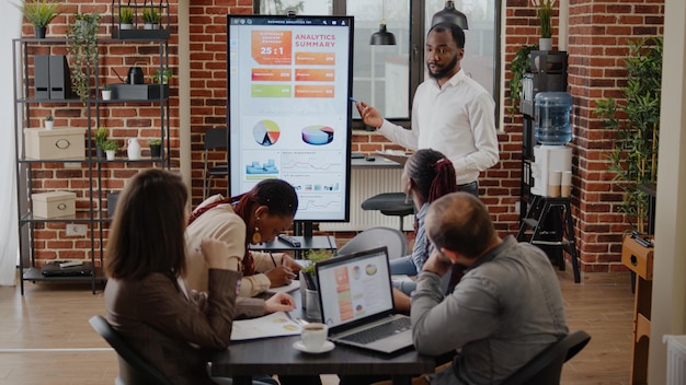 Сотрудник проводит маркетинговый анализ на мониторе на деловой встрече с коллегами по работе. Человек планирует стартап-проект и стратегию с коллегами в офисе, проводит мозговой штурм управленческих идей.