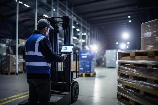 an employee holds an electronic device as he stands on a forklift in a loading dock