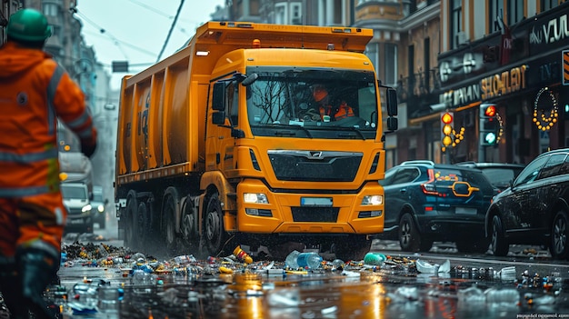 Photo an employee loads mixed domestic waste into a truck for collection