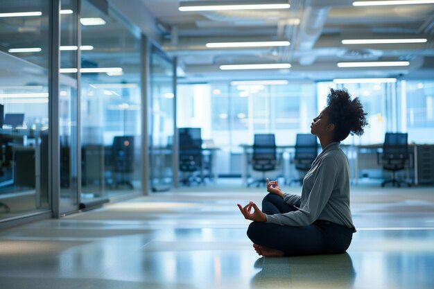 Photo employee meditating in a faintly lit open office space