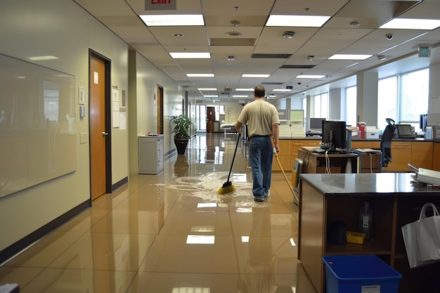 Photo an employee mopping an office floor