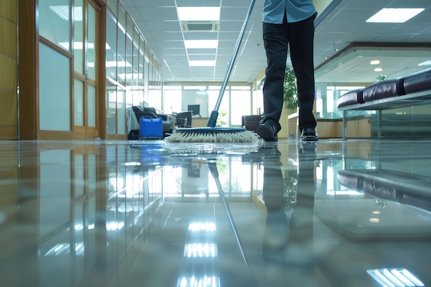 Photo an employee mopping an office floor