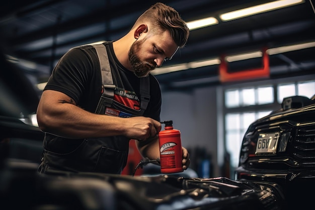 An employee performs an oil change on an automobile AI generated