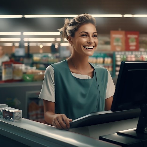 An employee in a supermarket stands at the checkout and takes care of her customers photorealistic