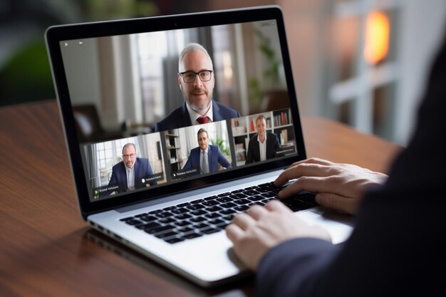 Photo employee talking to colleagues or friends during online meeting